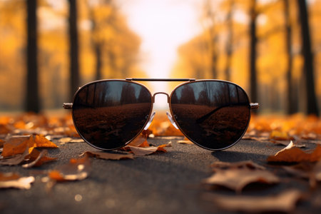 A pair of sunglasses sitting on top of a leaf covered ground. Imaginary illustration.の素材
