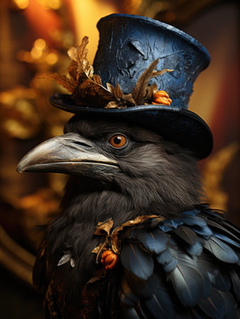 A black bird wearing a blue top hat. Fiction, made with AI. Halloween character.の素材