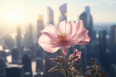 A pink flower in front of a city skyline. Imaginary illustration. Sustainable future concept.の素材