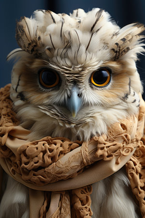 A close up of an owl wearing a scarf. Fiction, made with AI.の素材