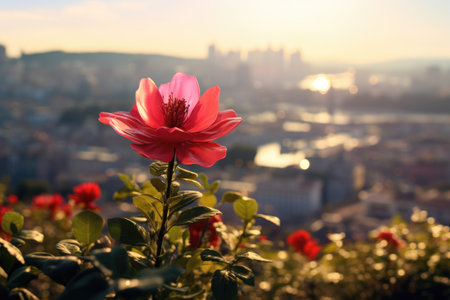 A pink flower with a city in the background. Imaginary illustration. Sustainable future concept.の素材