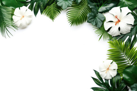 A frame of tropical leaves and flowers on a white background. Fiction, made with AI.の素材