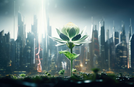 A plant growing in front of a city. Imaginary illustration. Sustainable future concept.の素材