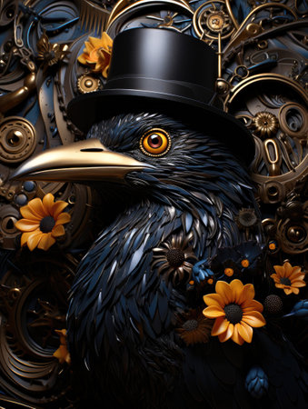 A black bird wearing a top hat and flowers. Fiction, made with AI. Halloween character.の素材