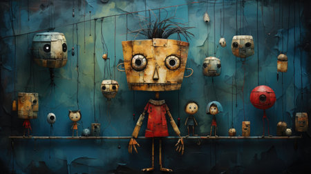 A painting of a man with a face made out of various objects. Fiction, made with AI.の素材
