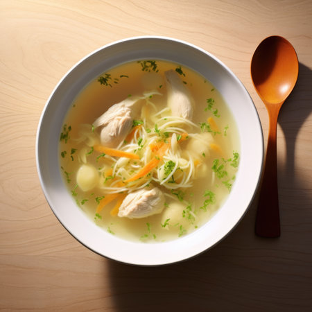 A bowl of chicken noodle soup with a wooden spoon. Photorealistic AI.の素材