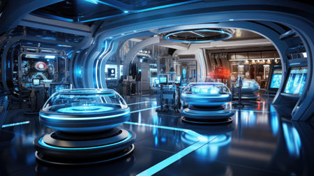 A futuristic sci - fi space station with a lot of lights. Imaginary illustration.の素材