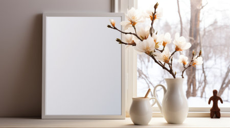 A picture frame sitting on top of a window sill. Photorealistic AI. Floral frame mockup.の素材