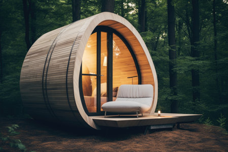 A small wooden cabin in the middle of a forest. Photorealistic AI.の素材