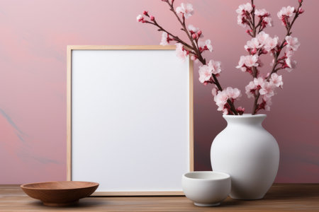 A white vase with pink flowers next to a wooden bowl. Photorealistic AI. Floral frame mockup.の素材