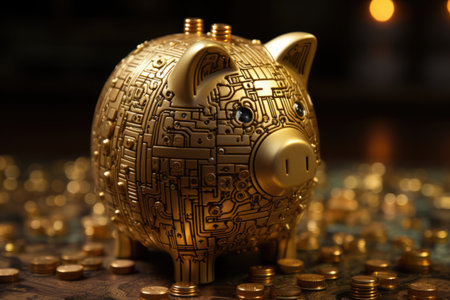 A golden piggy bank sitting on top of a pile of coins. AI image.の素材