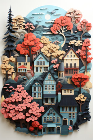 A paper cut of a house surrounded by trees. Imaginary illustration.の素材