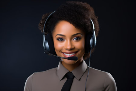 An african woman wearing a headset and a tie. Imaginary photorealistic image. Call center operator.の素材