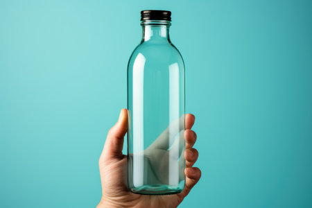 A hand holding a transparent glass bottle on cyan background. Imaginary illustration.の素材