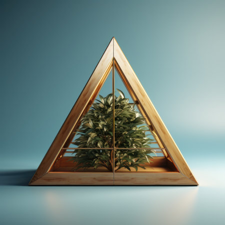 A triangle shaped planter, pyramid with a plant inside of it. Imaginary object.の素材