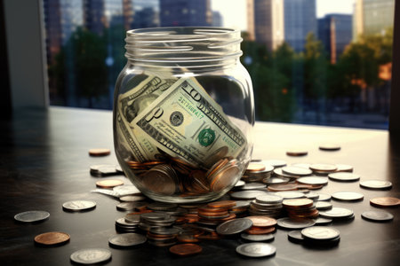 A jar filled with money sitting on a table. AI image. Financial investment concept image.の素材