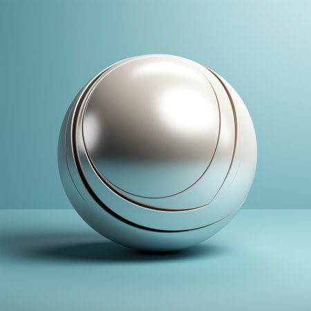 A shiny silver ball sitting on top of a blue surface. Imaginary geometric object.の素材