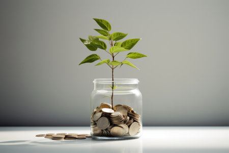 A jar filled with coins and a plant growing out of it. AI image. Financial investment concept image.の素材
