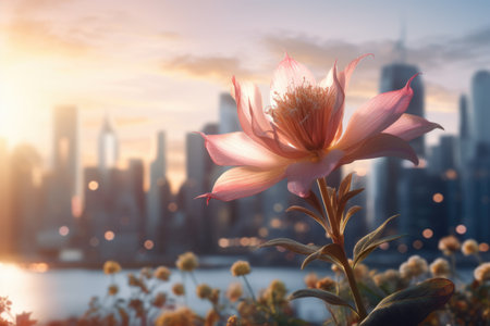 A pink flower with a city in the background. Imaginary illustration. Sustainable future concept.の素材