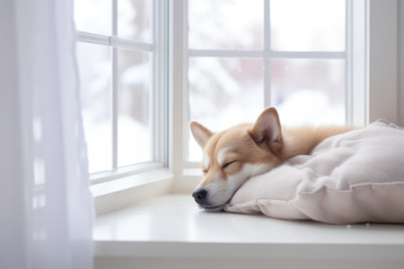 A dog sleeping on a pillow in front of a window. AI image.の素材