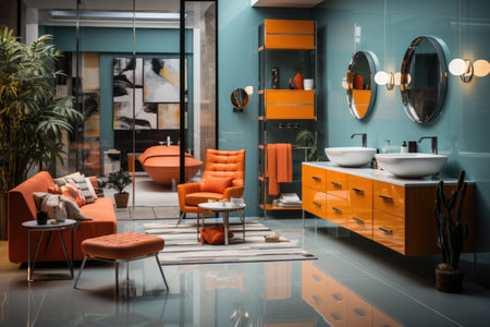A living room with orange furniture and a mirror. AI image.の素材