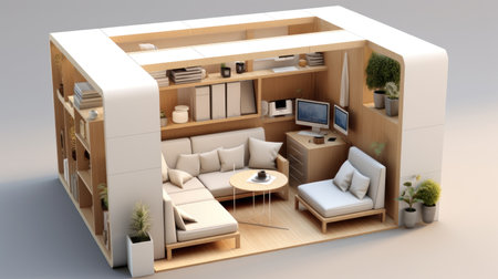 A small room with a couch and a table. Photorealistic AI.の素材