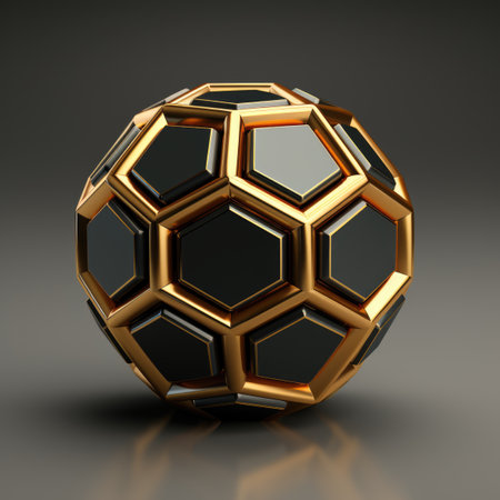 A gold and black hexagon, geometric object on a gray surface. Imaginary geometric object.の素材