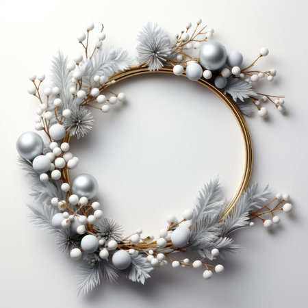 A wreath made of silver and white ornaments. AI image.の素材