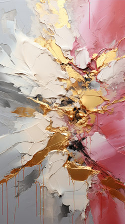 A painting with gold and red paint on it. Imaginary digital background.の素材