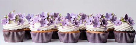 A row of cupcakes with white frosting and purple flowers. Fiction, made with AI. Panoramic banner.の素材