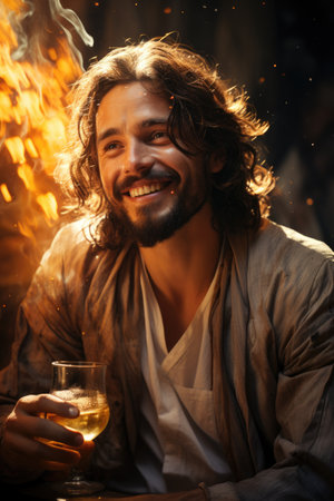 Jesus in a robe holding a glass of wine. Jesus in Cana weddingの素材