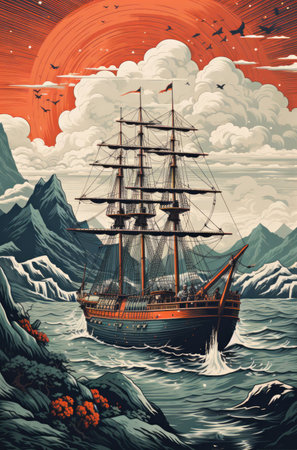 A painting of a ship in the middle of the ocean. Imaginary illustration.の素材
