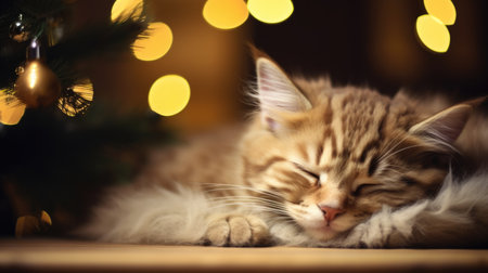 A cat laying on the floor next to a christmas tree. AI image. Cosy autumn image.の素材