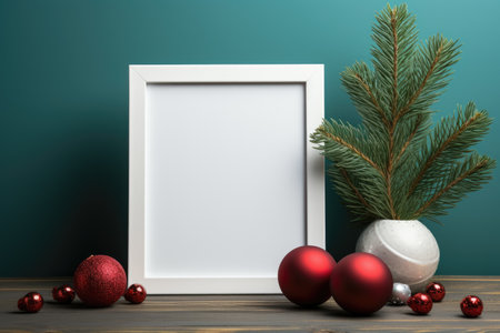 A picture frame and christmas ornaments on a table. AI image. Christmas frame mockup, copyspace.の素材