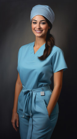 A woman wearing scrubs and a hat. AI image.の素材