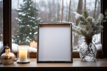 A picture frame sitting on a window sill next to a candle. AI image. Christmas frame mockup, copyspace.の素材