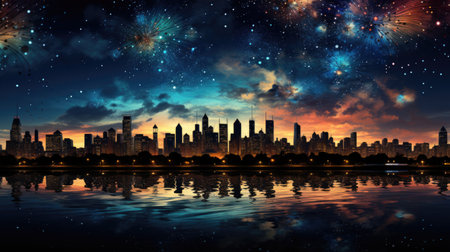 A city skyline at night with fireworks in the sky. AI image.の素材