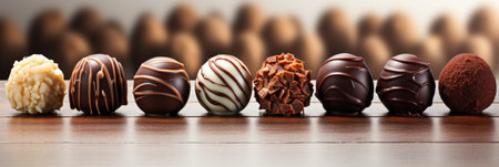 A row of chocolates sitting on top of a table. Imaginary food photo.の素材