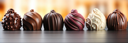 A row of chocolates sitting on top of a table. Imaginary food photo.の素材