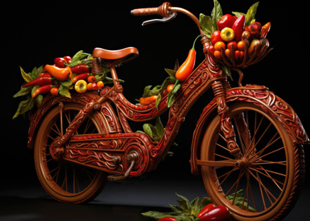 Imaginary whimsical bicycle made of red chili peppers on black background.の素材