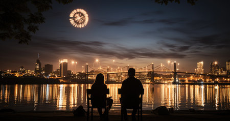 A couple sitting on a bench watching fireworks. AI image.の素材