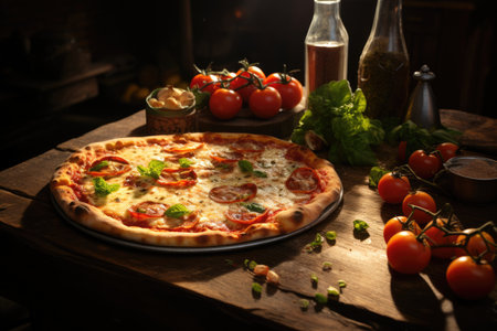 A pizza sitting on top of a wooden table. Imaginary food photo.の素材