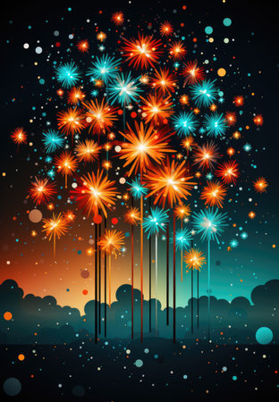 A bunch of fireworks in the night sky. AI image. Symmetrical composition. New year celebration.の素材
