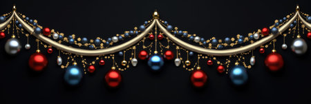 A christmas garland with ornaments hanging from it. AI image. Panoramic banner.の素材
