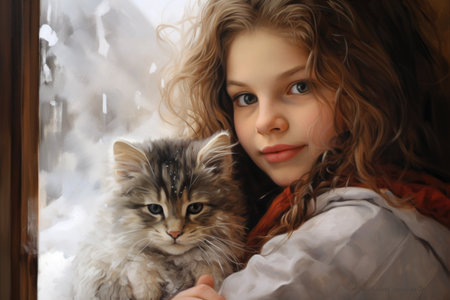 A young girl holding a cat in her arms. AI image.の素材