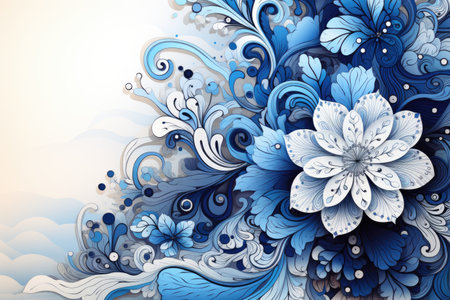 A blue and white floral design on a white background. Imaginary illustration. Winter flowers.の素材