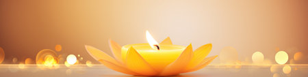 A lit candle sitting on top of a table. Imaginary illustration. Diwali greeting card.の素材