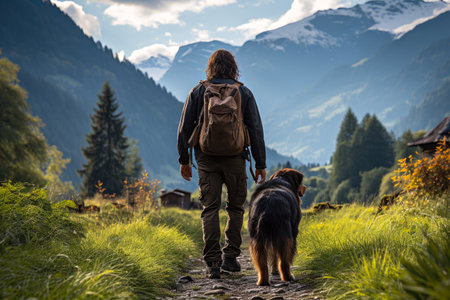 A man walking a dog down a path in the mountains. Imaginary AI picture.の素材