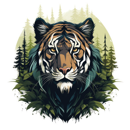A tiger with a forest in the background. Imaginary AI picture. Clipart on solid background.の素材