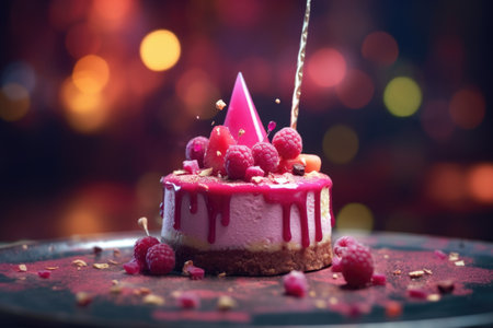 A birthday cake with raspberries and a candle. Imaginary AI picture.の素材
